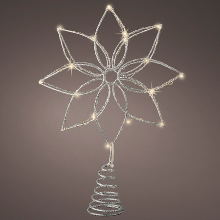 Kerstboom ster/bloem piek/topper met LED verlichting warm wit 27 cm met 20 lampjes