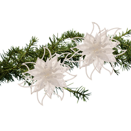 Kerstboomversiering bloemen op clip - 2x st- wit - 14 cm - glitters