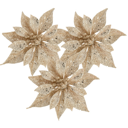 Kerstboomversiering bloemen op clip -3x st - champagne - 18 cm - glitters