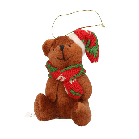 Kersthangers knuffelbeertjes bruin met gekleurde sjaal en muts 7 cm