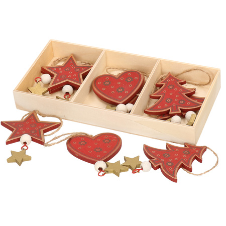 Kersthangers set van 6x rode houten ornamenten 10 cm 