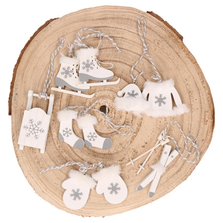 Kersthangers wintersport thema - 6x stuks - wit - hout - 8 cm