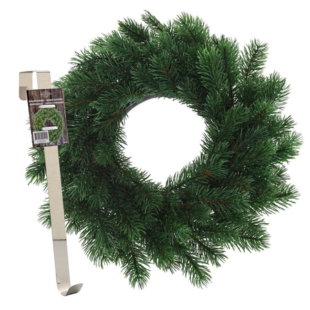 Kerstkrans 35 cm - groen - met messing zilveren hanger/ophanghaak - kerstversiering
