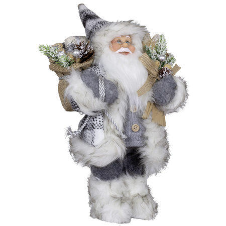 Kerstman pop - H30 cm - grijs - staand - kerst beeld -decoratie figuur