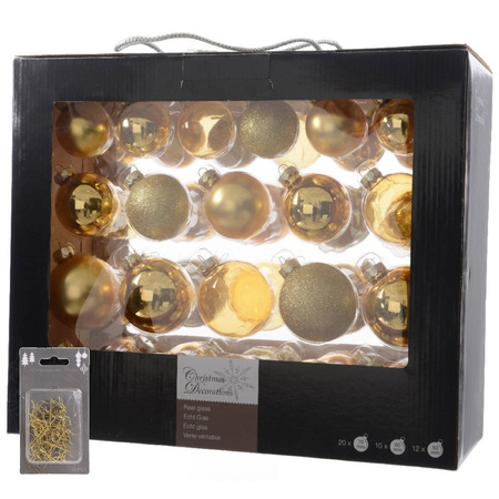 Kerstversiering glazen kerstballen mix pakket 5-6-7 cm goud 42x stuks met haakjes