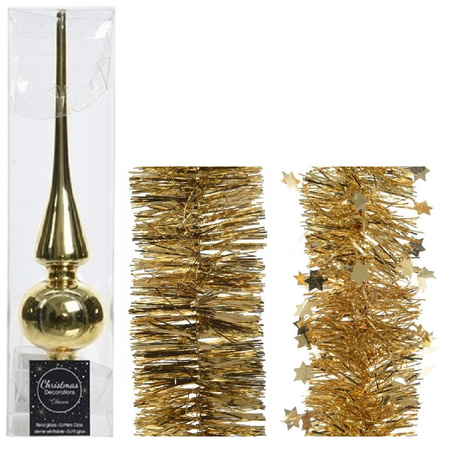 Kerstversiering glazen piek glans 26 cm en folieslingers pakket goud van 3x stuks