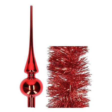 Kerstversiering glazen piek glans 26 cm en folieslingers pakket rood van 3x stuks