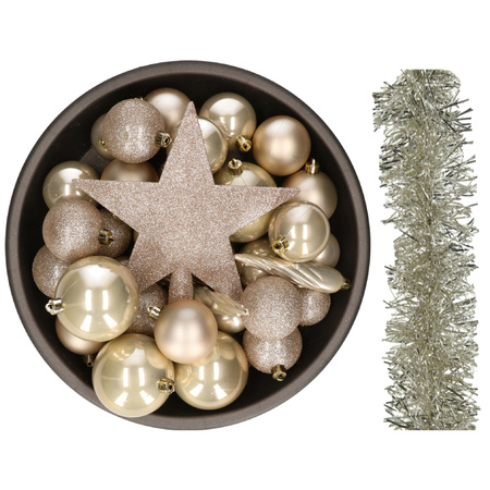 Kerstversiering kerstballen 5-6-8 cm met ster piek en folieslingers pakket champagne van 35x stuks