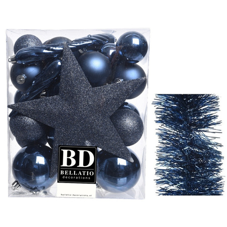 Kerstversiering kerstballen 5-6-8 cm met ster piek en folieslingers pakket donkerblauw van 35x stuks