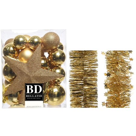 Kerstversiering kerstballen 5-6-8 cm met ster piek en folieslingers pakket goud van 35x stuks