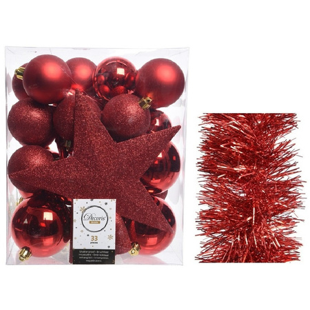 Kerstversiering kerstballen 5-6-8 cm met ster piek en folieslingers pakket rood van 35x stuks