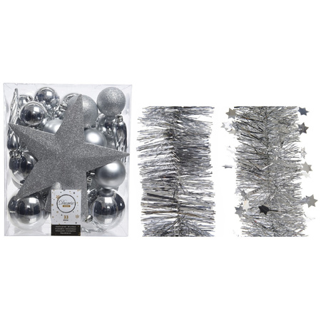 Kerstversiering kerstballen 5-6-8 cm met ster piek en folieslingers pakket zilver van 35x stuks