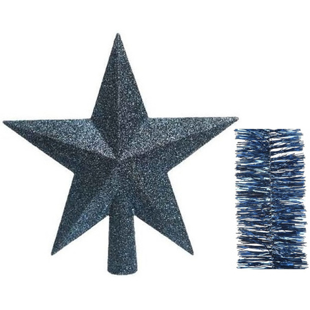 Kerstversiering kunststof glitter ster piek 19 cm en folieslingers pakket donkerblauw van 3x stuks