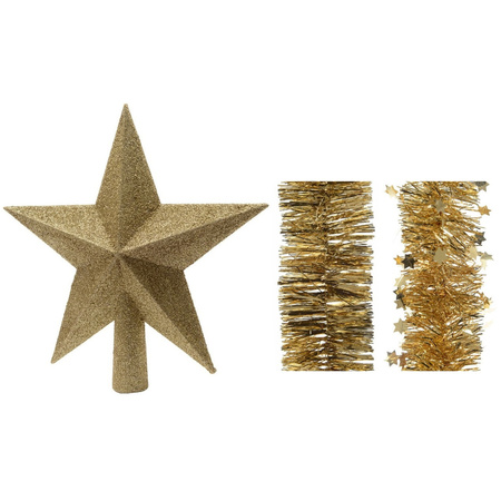 Kerstversiering kunststof glitter ster piek 19 cm en folieslingers pakket goud van 3x stuks