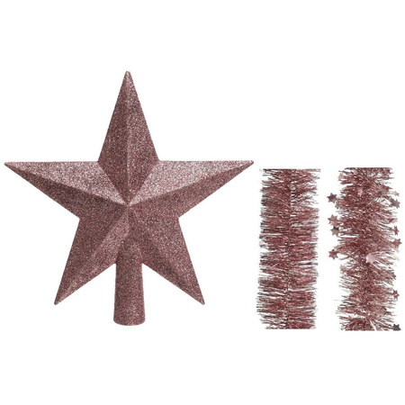 Kerstversiering kunststof glitter ster piek 19 cm en folieslingers pakket oud roze van 3x stuks