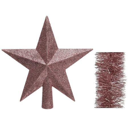 Kerstversiering kunststof glitter ster piek 19 cm en folieslingers pakket oud roze van 3x stuks