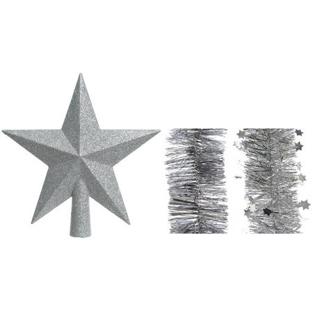 Kerstversiering kunststof glitter ster piek 19 cm en folieslingers pakket zilver van 3x stuks