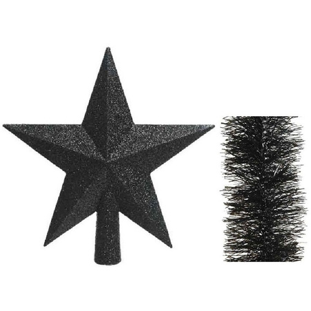 Kerstversiering kunststof glitter ster piek 19 cm en folieslingers pakket zwart van 3x stuks