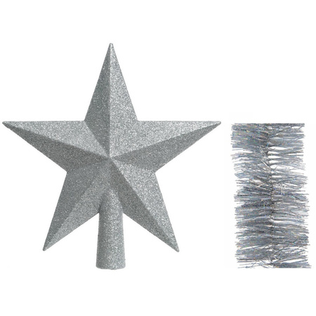 Kerstversiering kunststof glitter ster piek 19 cm en glitter slingers pakket zilver van 3x stuks