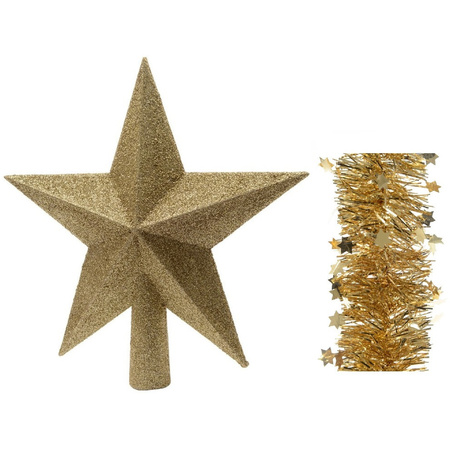 Kerstversiering kunststof glitter ster piek 19 cm en sterren folieslingers pakket goud van 3x stuks