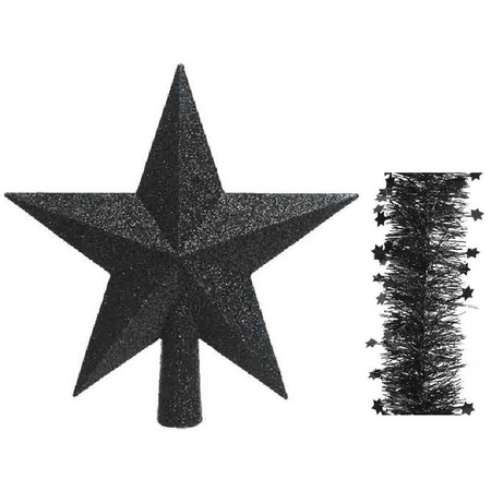 Kerstversiering kunststof glitter ster piek 19 cm en sterren folieslingers pakket zwart van 3x stuks