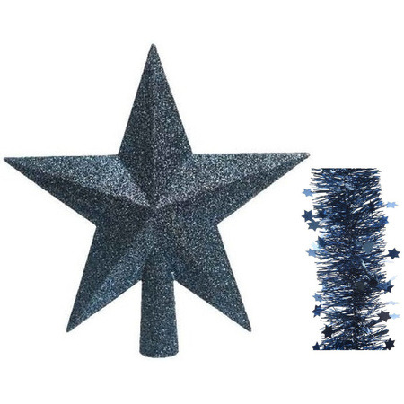 Christmas decorations glitter star tree topper and star garlands set dark blue 3x pieces