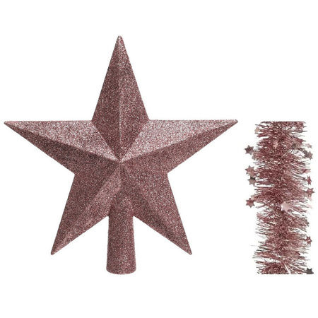Kerstversiering kunststof glitter ster piek 19 cm en sterren slingers pakket oud roze van 3x stuks