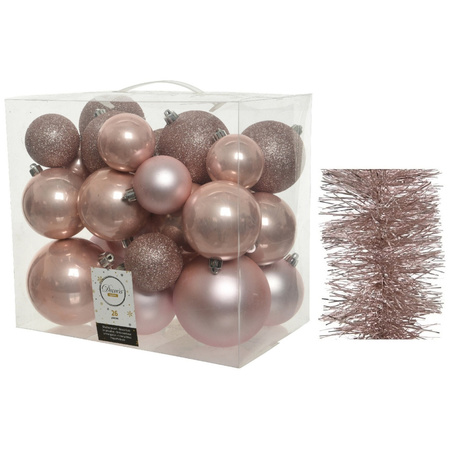 Kerstversiering kunststof kerstballen 6-8-10 cm met folieslingers pakket lichtroze van 28x stuks