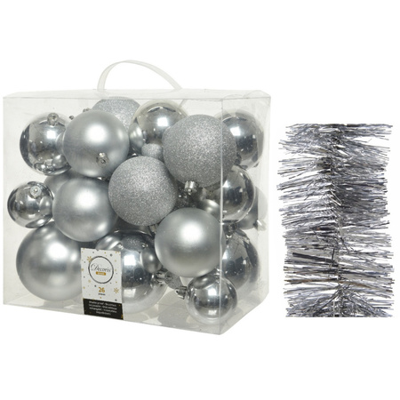 Christmas decorations baubles 6-8-10 cm with garlands set silver 28x pieces.
