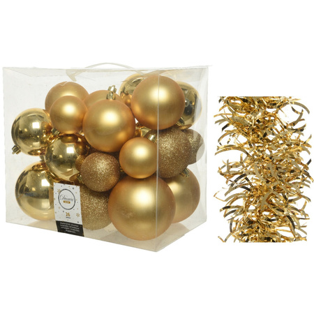 Kerstversiering kunststof kerstballen 6-8-10 cm met golf folieslingers pakket goud van 28x stuks
