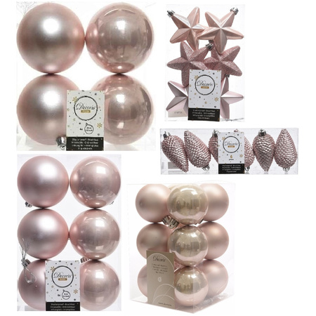 Kerstversiering kunststof kerstballen lichtroze 6-8-10 cm pakket van 62x stuks