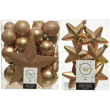 Kerstversiering kunststof kerstballen met piek camel bruin 5-6-8 cm pakket van 39x stuks