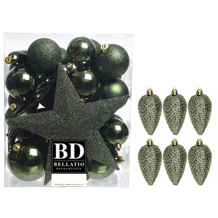 Christmas decorations baubles with topper 5-6-8 cm set pinegreen 39x pieces
