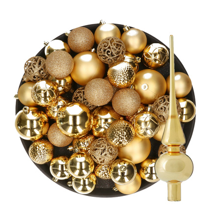 Kerstversiering kunststof kerstballen met piek goud 6-8-10 cm pakket van 39x stuks