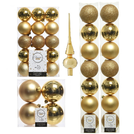 Kerstversiering kunststof kerstballen met piek goud 6-8-10 cm pakket van 49x stuks