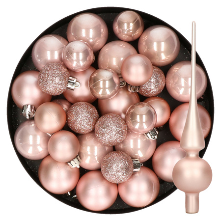 Kerstversiering kunststof kerstballen met piek lichtroze 6-8-10 cm pakket van 42x stuks