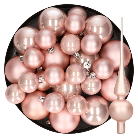 Christmas decorations baubles with topper 6-8-10 cm set lightpink 45x pieces