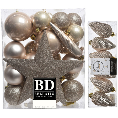 Kerstversiering kunststof kerstballen met piek parel/champagne 5-6-8 cm pakket van 39x stuks