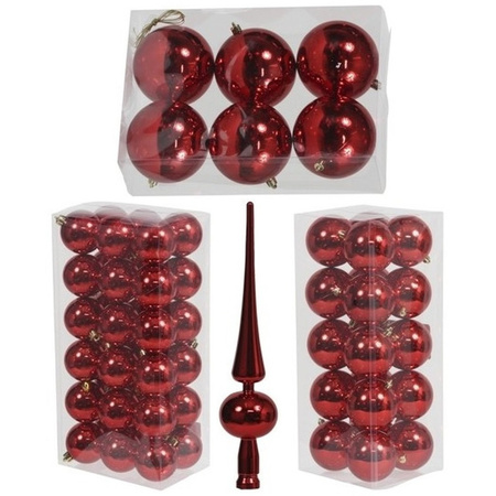 Kerstversiering kunststof kerstballen met piek rood 6-8-10 cm pakket van 63x stuks