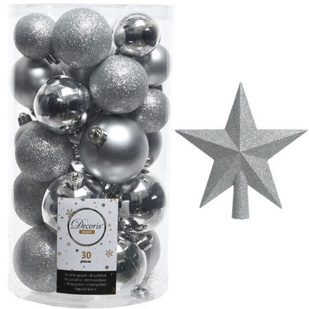 Kerstversiering kunststof kerstballen met piek zilver 4-5-6 cm pakket van 31x stuks