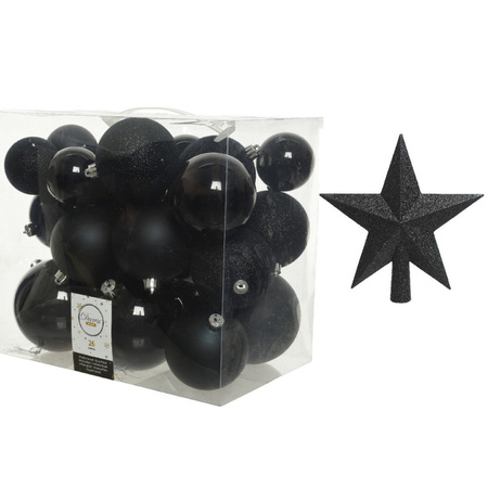 Kerstversiering kunststof kerstballen met piek zwart 6-8-10 cm pakket van 27x stuks