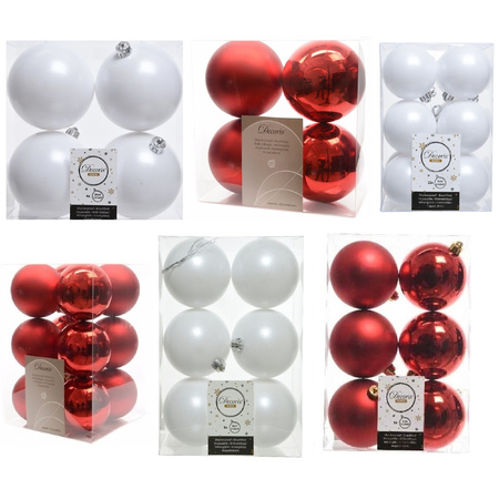 Christmas decorations baubles 6-8-10 cm set mix red/winter white 44x pieces