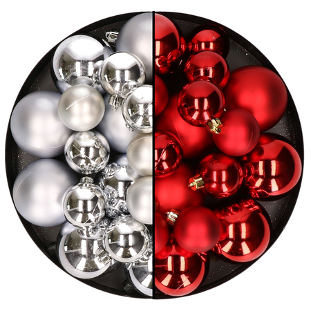 Kerstversiering kunststof kerstballen mix rood/zilver 6-8-10 cm pakket van 44x stuks