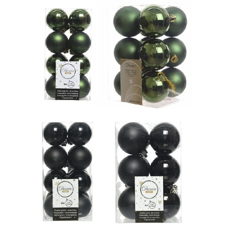 Kerstversiering kunststof kerstballen mix zwart/ donkergroen 4 en 6 cm pakket van 80x stuks