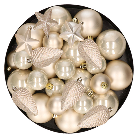 Kerstversiering kunststof kerstballen parel/champagne 6-8-10 cm pakket van 62x stuks