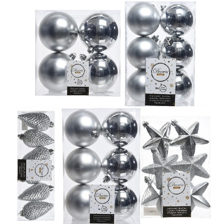 Kerstversiering kunststof kerstballen zilver 6-8-10 cm pakket van 62x stuks