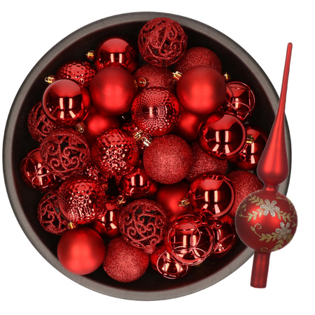 Kerstversiering set - 38-dlg - rood - kunststof kerstballen en glazen luxe piek