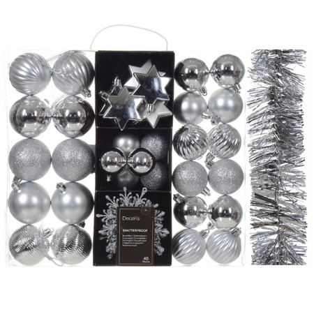 Kerstversiering set - zilver - kerstballen, ornamenten en folie slinger - kunststof