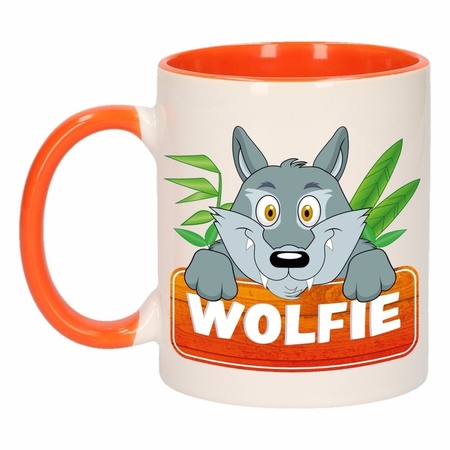 Kinder wolven mok / beker Wolfie oranje / wit 300 ml