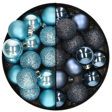 Kleine kerstballen - 28x st - donkerblauw en ijsblauw - 3 cm - kunststof